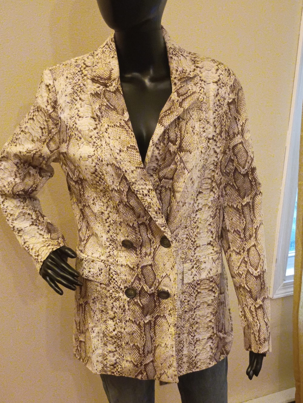 Bar III Beige Snake-Print Double-Breasted Blazer